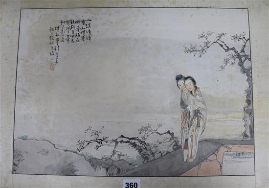 Chinese School, ink and watercolour, figures beside a lake, 32 x 45cm, unframed